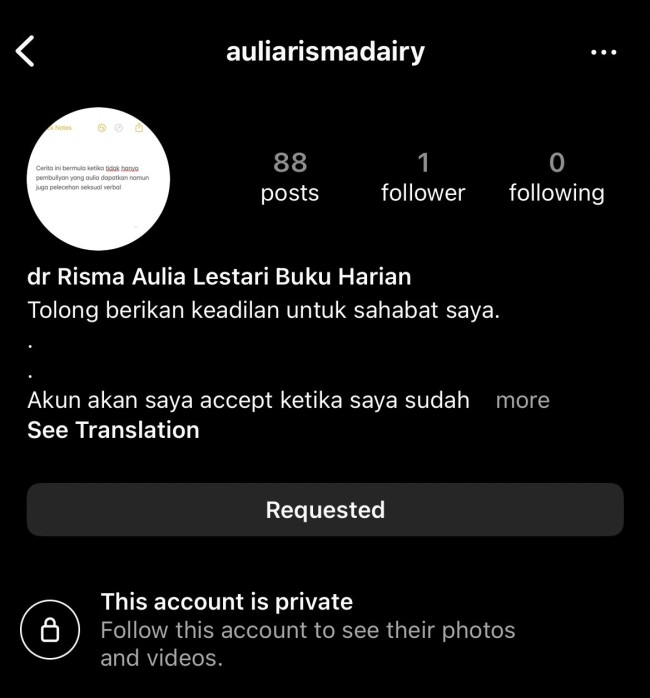 Akun Instagram yang mengatasnamakan sahabat Risma. (Foto dari X) 