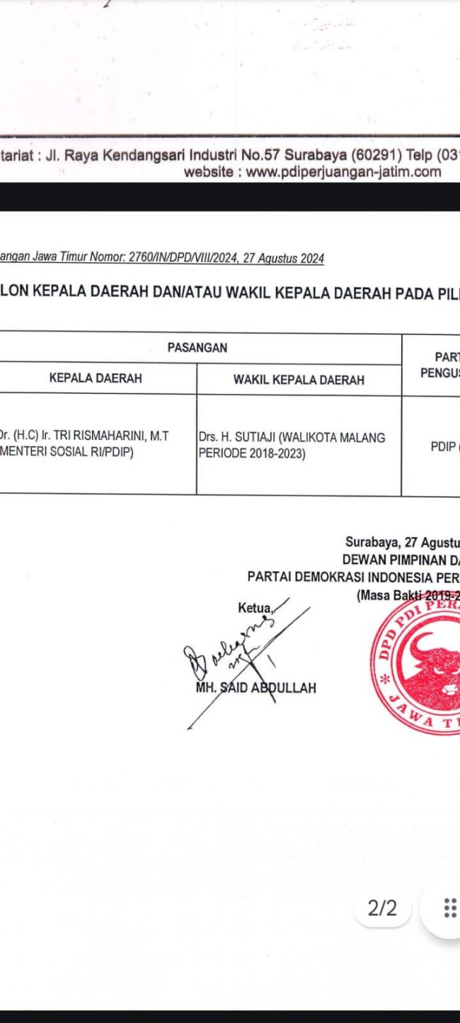 Surat yang beredar disebutkan Sutiaji akan menjadi bakal calon wakil gubermur Jatim 2024, mendampingi Tri Rismaharini. (Foto: istimewa)