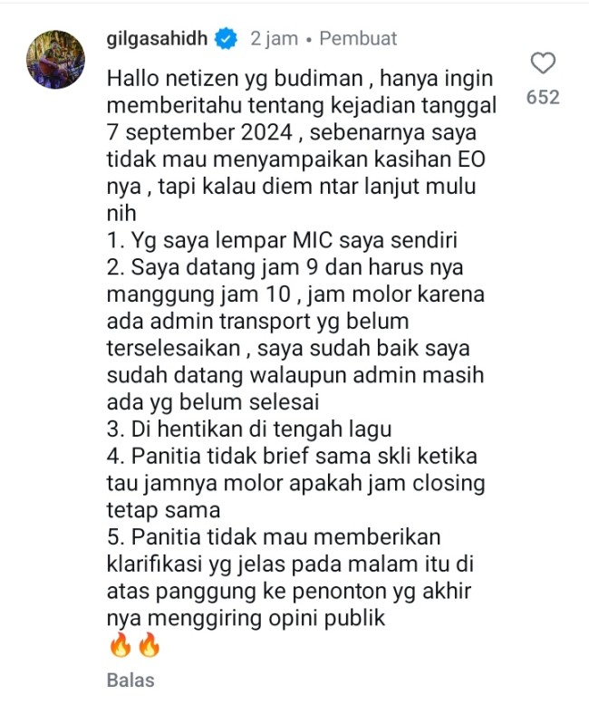 Klarifikasi Gilga Sahid soal banting mic yang sempat viral. (Foto IG)