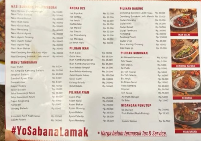 Menu restoran Padang Payakumbuah Malang. (Foto: Instagram )