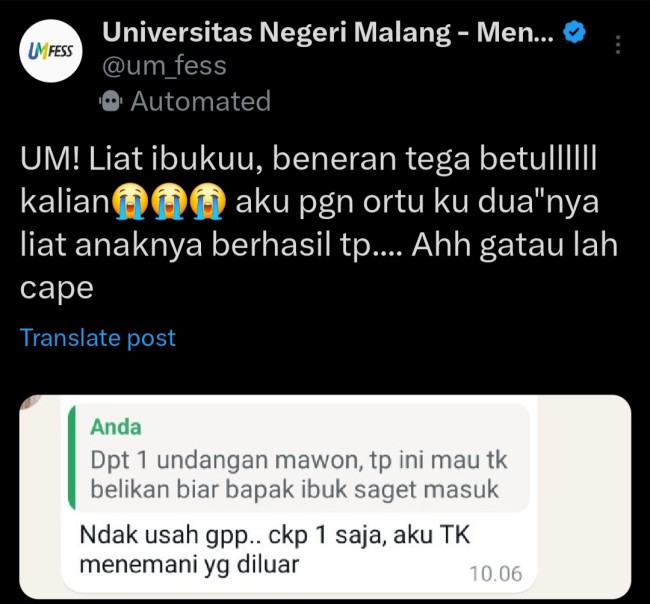 Curhatan salah satu mahasiswa anonim di akun X Menfess UM. (Foto: X)