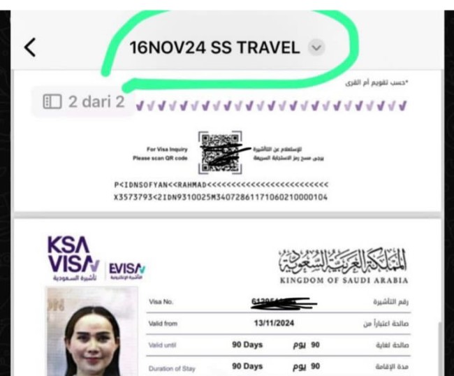 Visa Isa Zega yang diduga dikeluarkan oleh SS Travel. (Foto Instagram) 