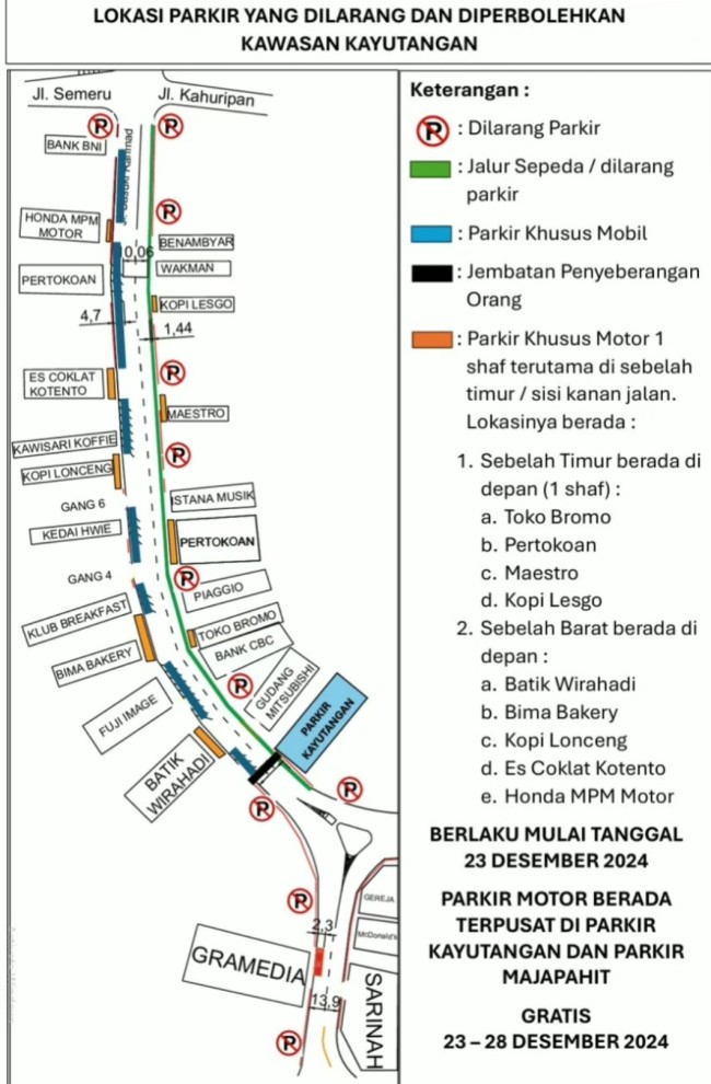 Peta aturan parkir baru yang akan diberlakukan 23 Desember 2024. (Foto: Instagram Dishub Kota Malang)