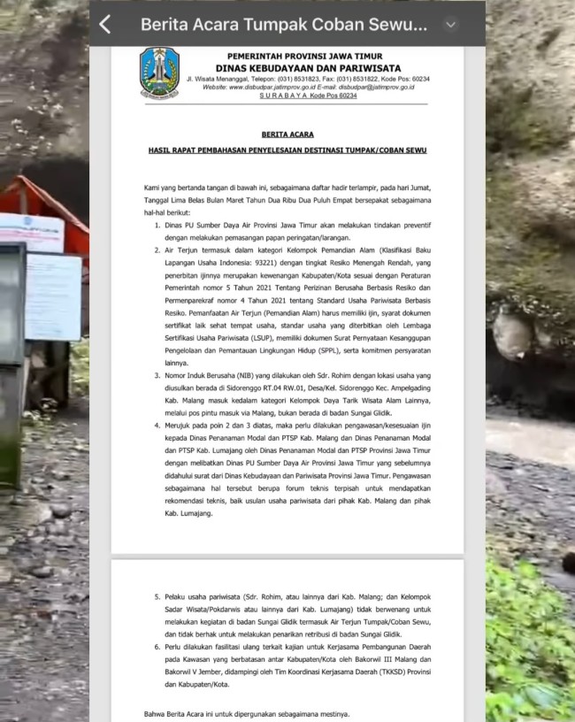 Aturan kesepakatan terkait pengelolaan Tumpak Sewu. (Foto: @alam_Indonesia)