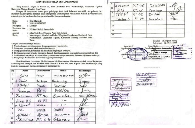 Bukti Surat Persetujuan Izin Lingkungan dari Baqi Memorial Park mengenai pembangunan pemakaman muslim komersial di Desa Pandanmulyo, Kecamatan Tajinan, Kabupaten Malang. (Foto: Baqi Memorial Park for JatimTIMES)