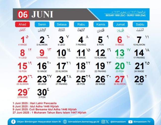 Juni 2025: Dzulhijjah 1446 Hijriah - Muharam 1447 Hijriah