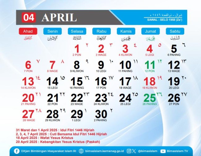 April 2025: Syawal - Dzulqa'dah 1446 Hijriah