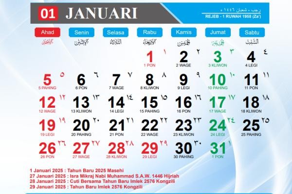 Kalender Januari 2025: Rajab - Syaban 1446 Hijariah