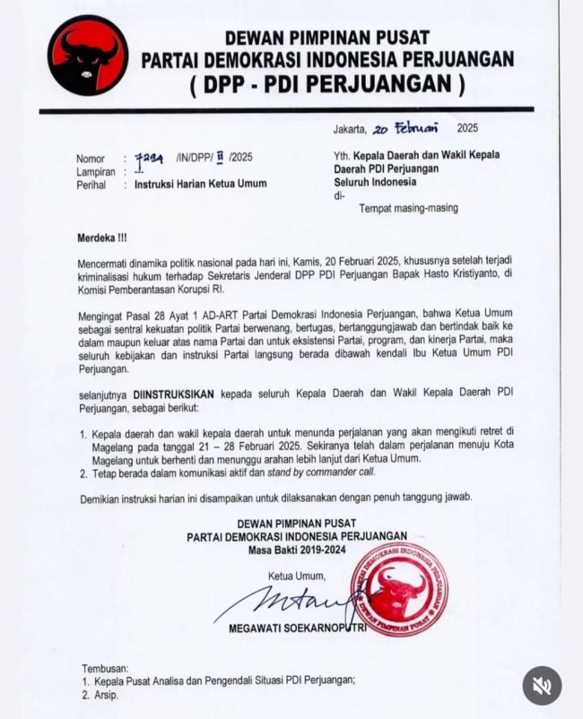 Surat instruksi agar kepala daerah dari PDIP menunda retreat. (Foto: istimewa)