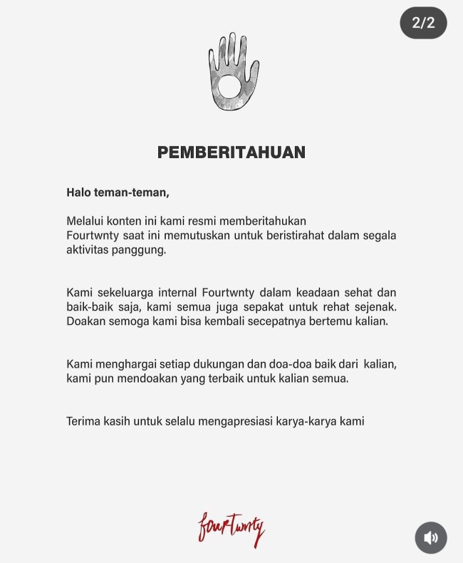 Pengumuman hiatus Fourtwnty. (Foto: Instagram)