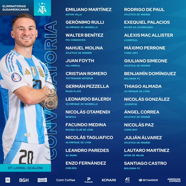 Daftar lengkap skuad Timnas Argentina yang dirilis untuk jeda internasional Maret 2025. (Foto: X)