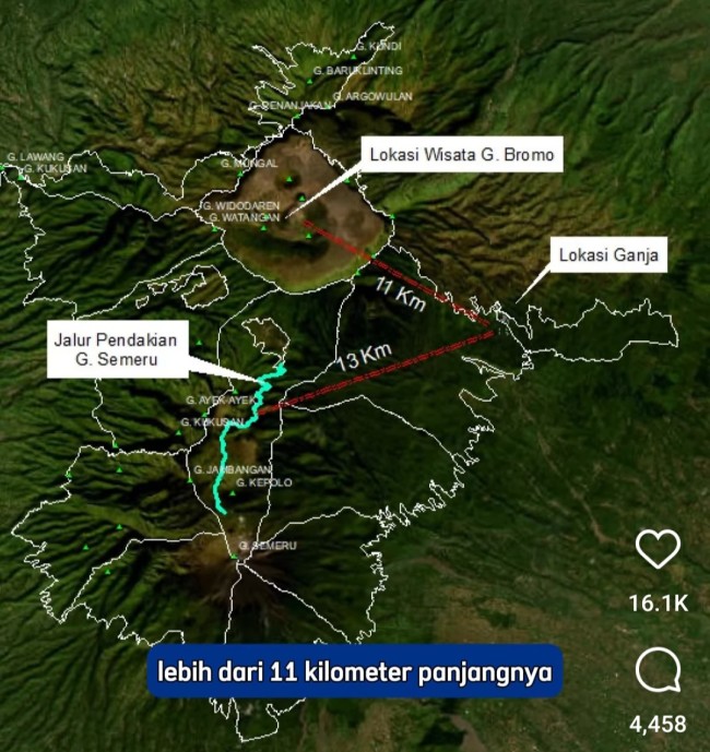 Peta area wisata Bromo dan pendakian Semeru dengan kawasan ladang ganja. (Foto: Instagram)