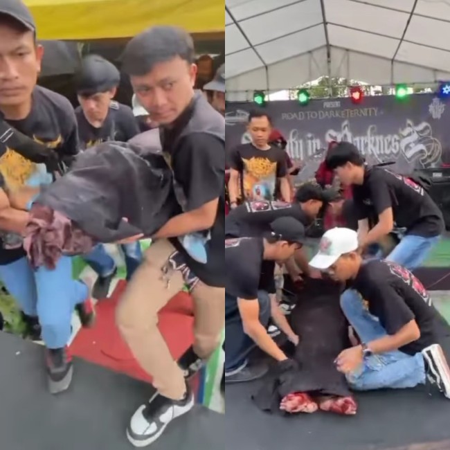 Potret para kru membopong vokalis Tahlilan Band ke atas panggung. (Foto: Instagram @tahlilanofficialband)