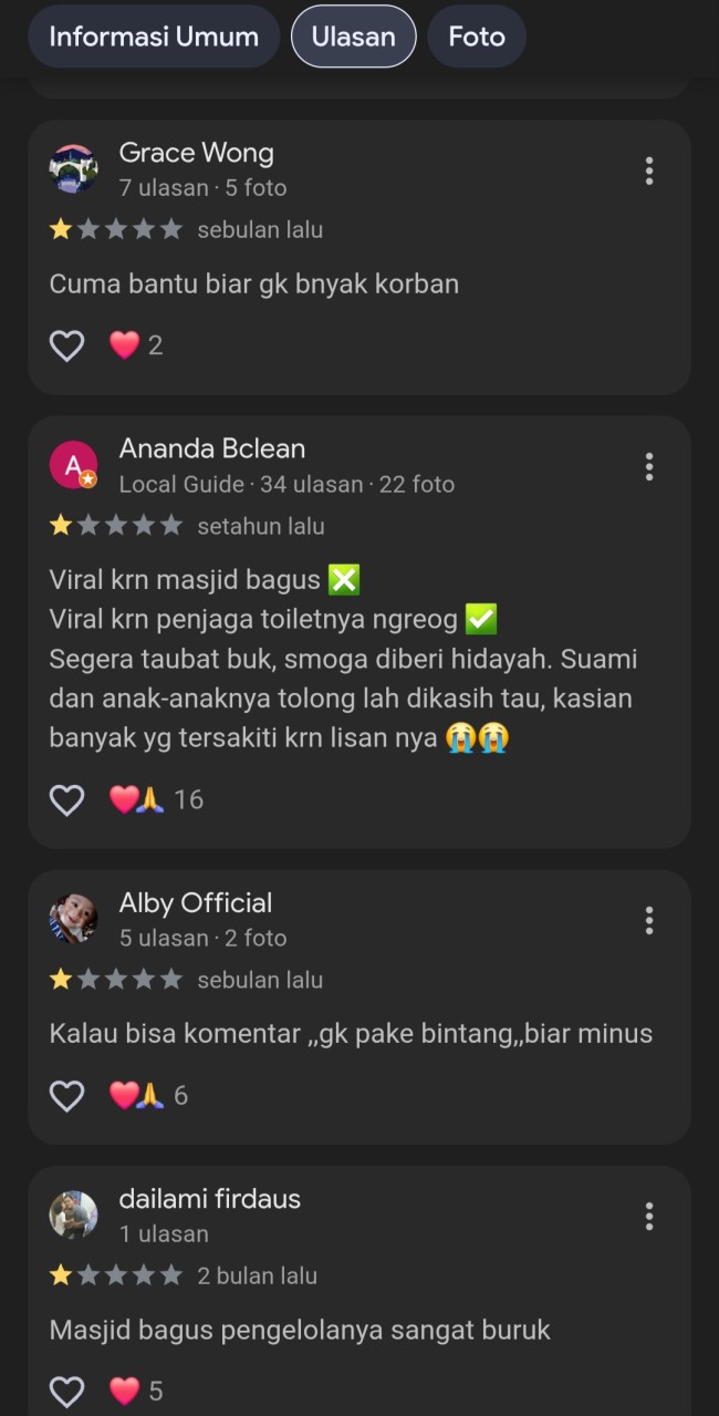Ulasan google terkait masjid tersebut. (Foto: tangkapan layar)
