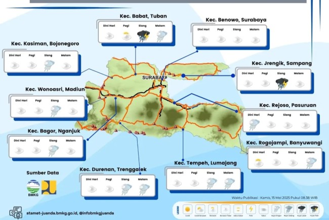 Prakiraan wilayah rawan banjir di Jatim. (Foto: @infobmkgjuanda)