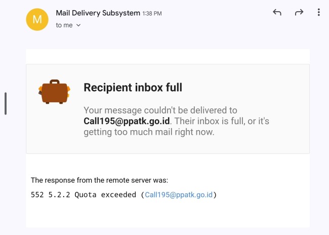 Pemberitahuan yang menunjukkan email PPATK penuh karena keluhan pemblokiran rekening. (Foto: X @adarwis)