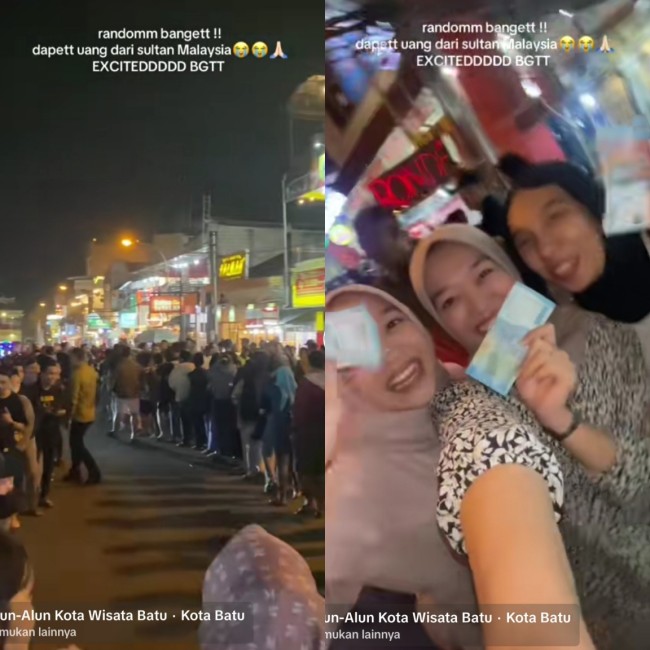 Kolase foto antrean bagi-bagi uang di Alun-Alun Kota Batu. (Foto: TikTok @arsipbyme)