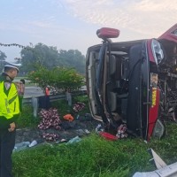 Bus Nusa Bali Terguling di Tol Jombang, 15 Orang Luka
