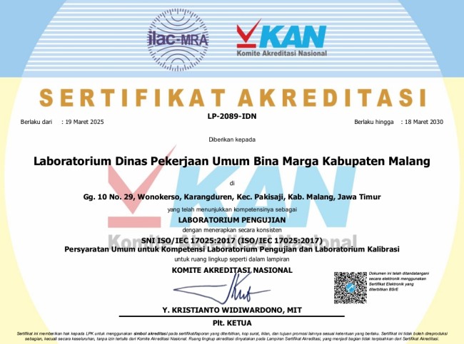 Sertifikat akreditasi dari KAN yang diraih oleh Laboratorium Dinas Pekerjaan Umum Bina Marga Kabupaten Malang sejak Maret 2025 lalu. (Foto: Dinas PU Bina Marga Kabupaten Malang for JatimTIMES)