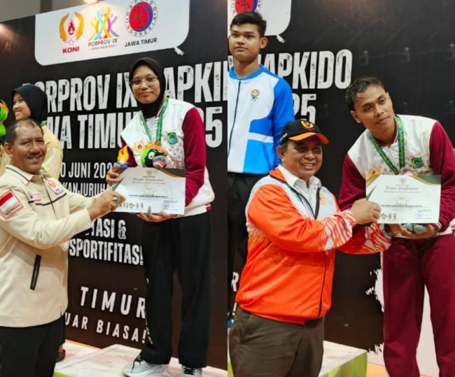 Seputih Hati Imani (kiri) penyumbang medali emas Cabor Hapkido dan Indra Mughni (kanan) peraih medali perunggu pada ajang Porprov IX Jatim 2025 yang diselenggarakan di GOR Kanjuruhan pada Selasa (10/6/2025) malam.