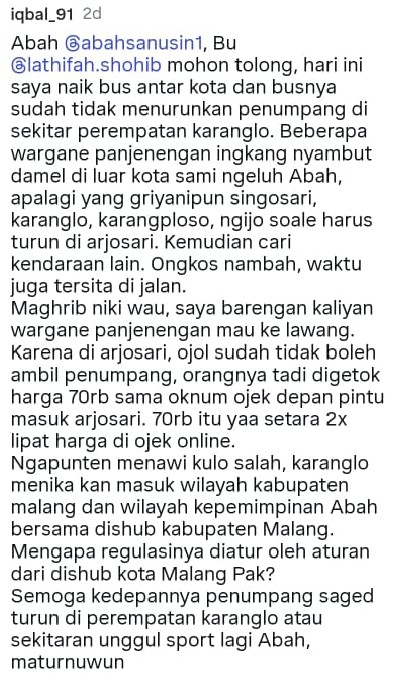 Tanggapan warganet soal pemberlakuan peraturan bus tak boleh menurunkan penumpang selain di Terminal Arjosari. (Foto: Tangkapan layar di Instagram)