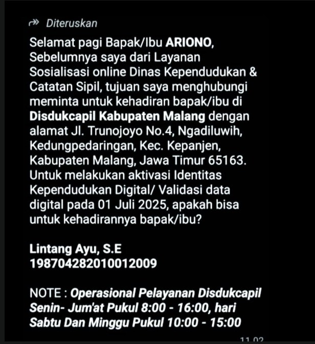 Modus serupa yang mengatasnamakan Disdukcapil Kabupaten Malang. (Foto: istimewa)
