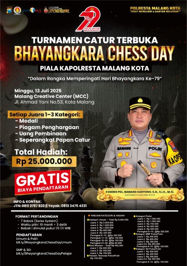 Flyer Bhayangkara Chess Day Piala Kapolresta Malang Kota. (Foto: JatimTIMES)