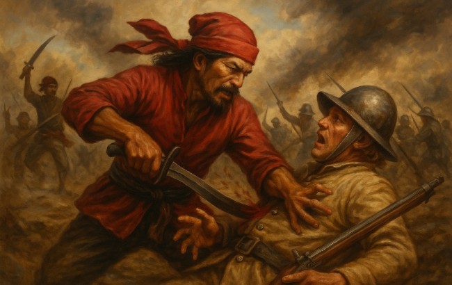 Lukisan realis: Karaeng Galesong membunuh prajurit VOC