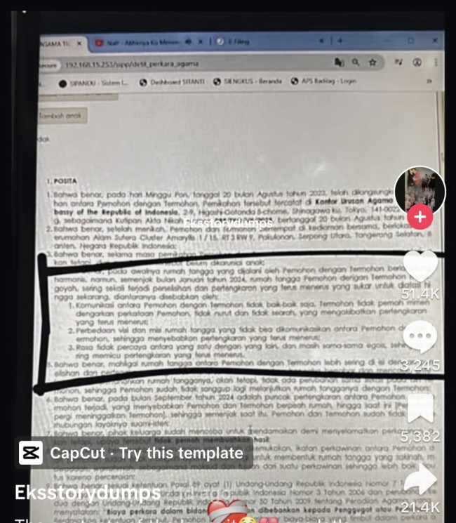 Dugaan isi gugatan cerai Pratama Arhan kepada Azizah Salsha. (Foto: TikTok)