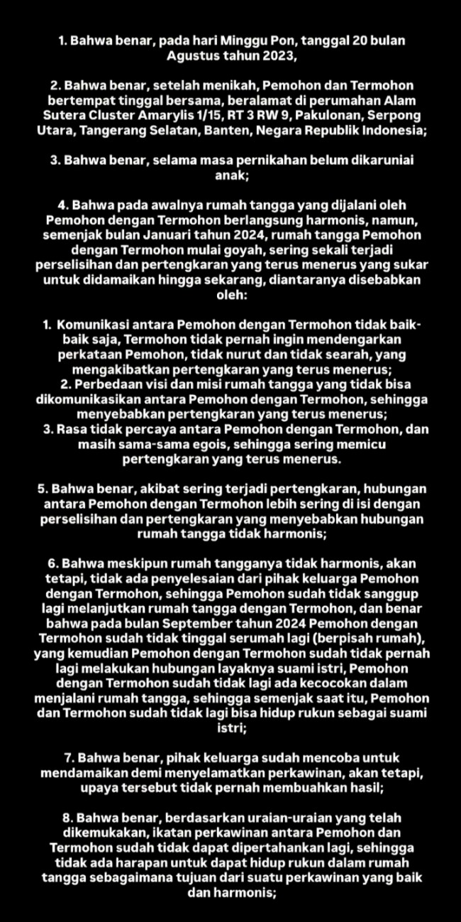 Isi gugatan cerai Arhan dan Zize. (Foto Tiktok) 