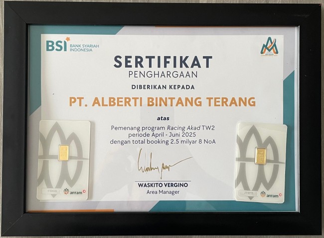 PT Alberti Bintang memperoleh penghargaan sebagai pemenang Program Racing Akad Triwulan II (TW2) Periode April–Juni 2025. (Foto: istimewa)