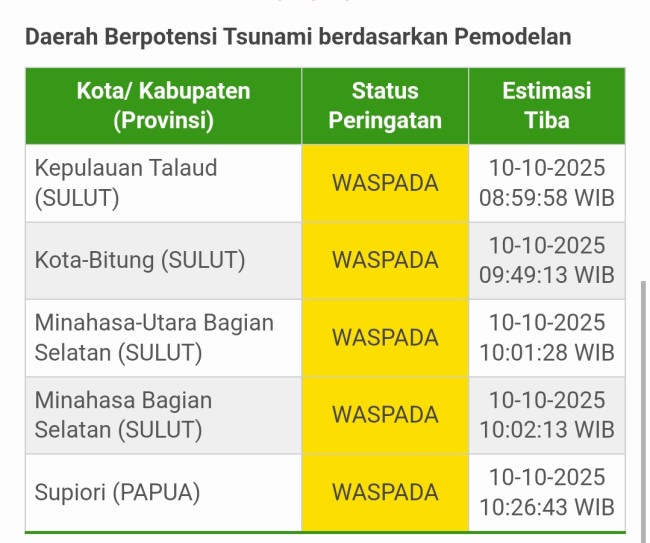 5 daerah yang berpotensi waspada tsunami. (Foto: X)