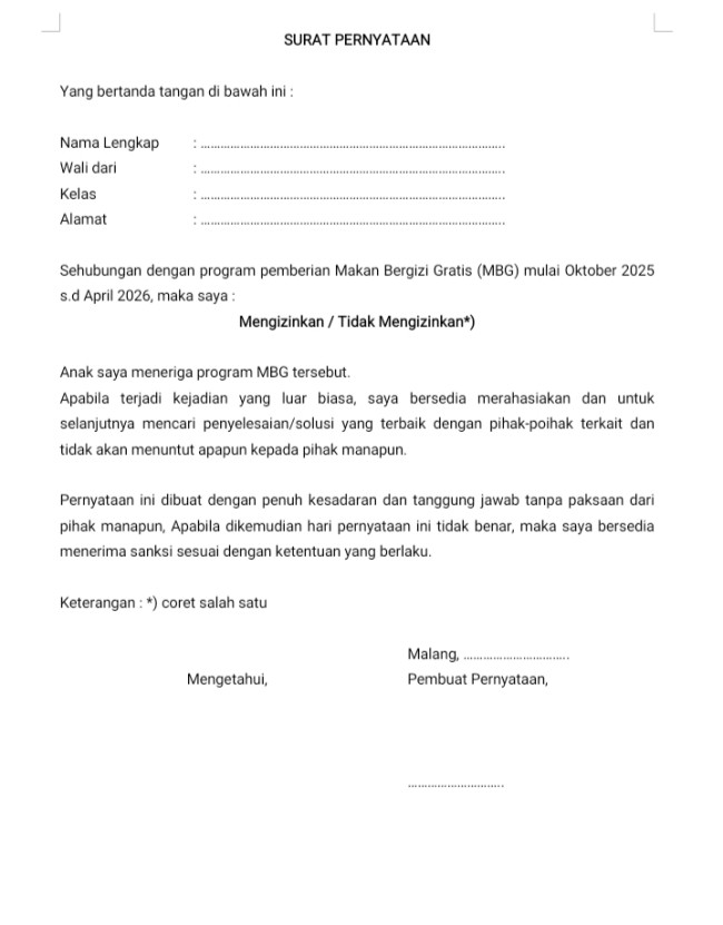 Surat pernyataan dilarang protes program MBG di Kabupaten Malang. (Foto: Istimewa)