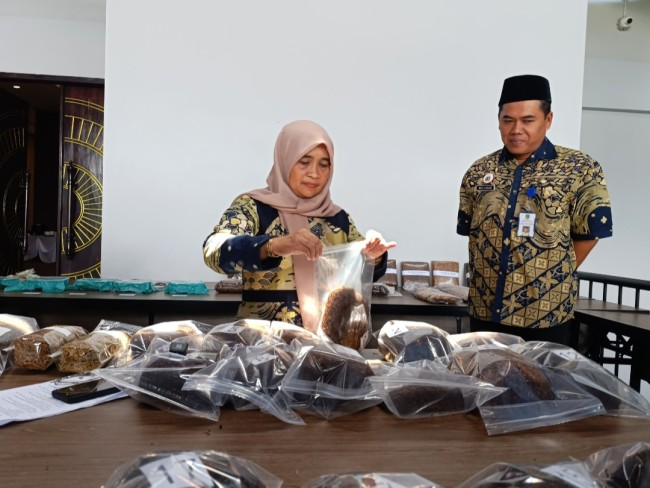 Sekretaris Dinas Tanaman Pangan dan Hortikultura dan Perkebunan Kabupaten Malang, Kholida Masruroh saat melihat sejumlah produk dari petani tembakau (foto: Hendra Saputra/JatimTIMES)