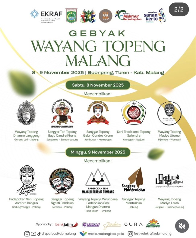 Festival Wayang Topeng Malangan yang berlangsung sepanjang hari, Sabtu dan Minggu (8-9 November 2025). (Foto: Instagram)