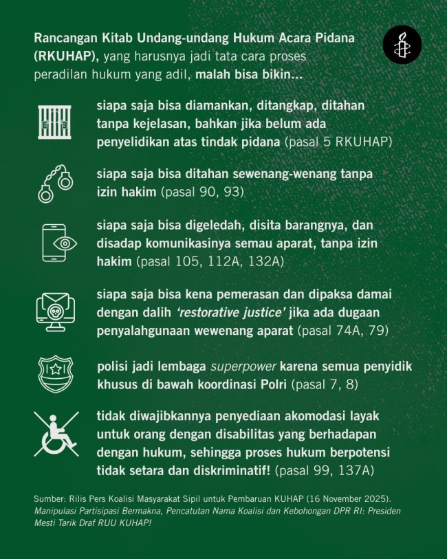 rilis Koalisi Masyarakat Sipil untuk Pembaruan KUHAP yang diterbitkan pada 16 November 2025. (Foto X) 