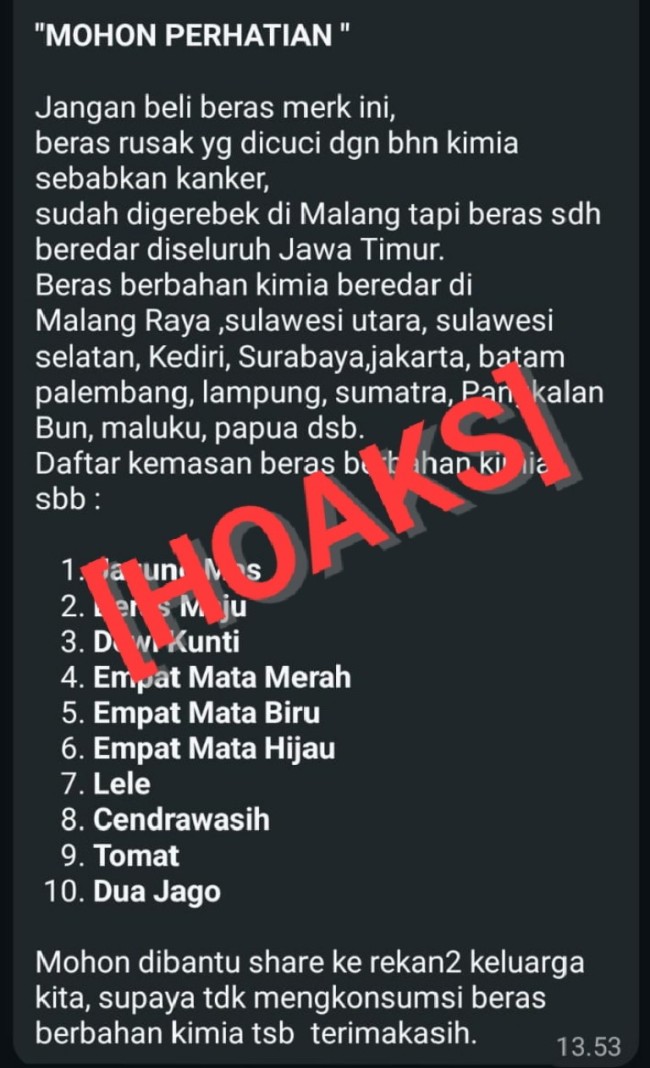 Pesan berantai mengenai beras kimia yang beredar di WhatsApp. (Foto: Ashaq Lupito/JatimTIMES)