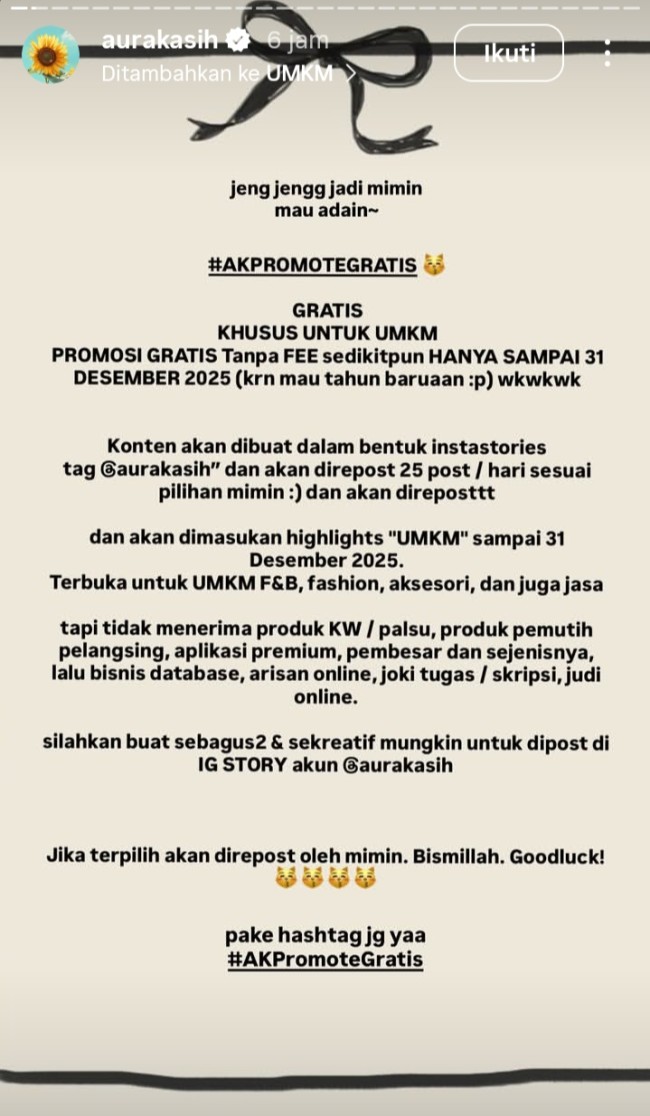 Aura Kasih gratiskan promosi untuk UMKM. (Foto @aurakasih) 