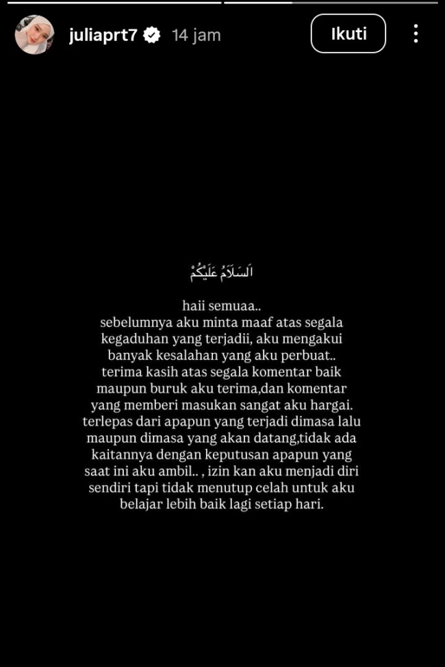 Permintaan maaf Jule. (Foto @juliaprt7) 