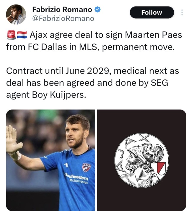 Fabrizio Romano, jurnalis transfer ternama, bahkan mengklaim Ajax telah mencapai kesepakatan dengan FC Dallas terkait transfer permanen sang penjaga gawang. (Foto: X)