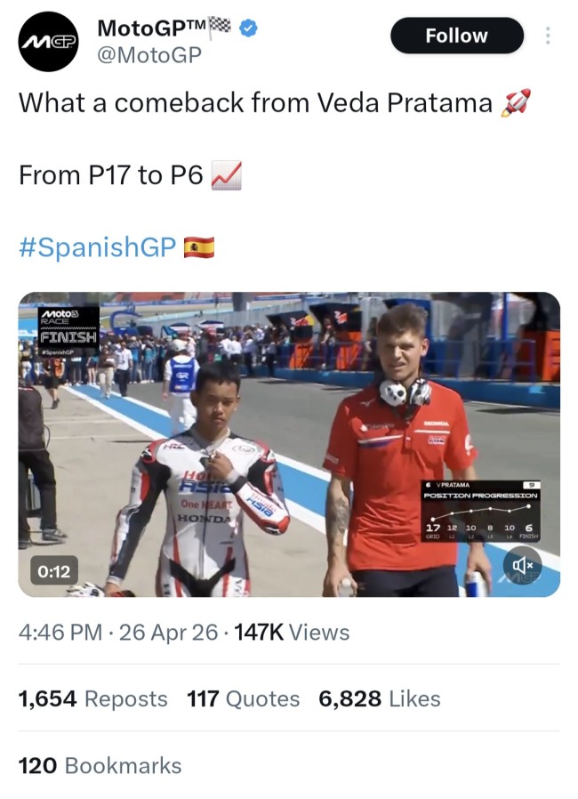 Unggahan akun resmi MotoGP. (Foto: tangkapan layar X)