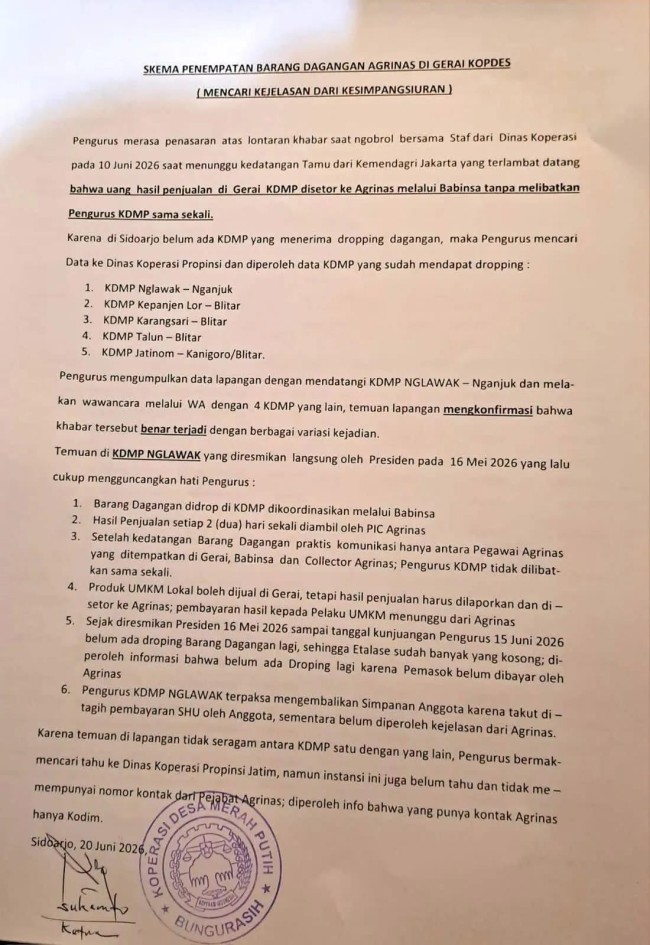 Dokumen surat Skema Penempatan Barang Dagangan Agrinas di Gerai Kopdes (Mencari Kejelasan dari Kesimpangsiuran). (Foto: Threads)